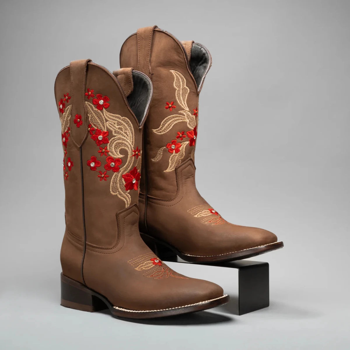 Joe Boots Women's Red Embroidered JB16 - 06 Square Toe Cowboy Boots–Sand - OriginalWestern.com