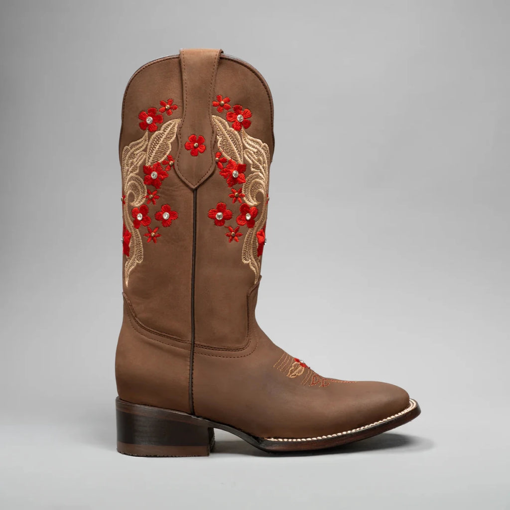 Joe Boots Women's Red Embroidered JB16 - 06 Square Toe Cowboy Boots–Sand - OriginalWestern.com