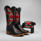 Joe Boots Women”s Red Embroidered Square Toe Cowboy Boots and Belt Combo - Black - OriginalWestern.com