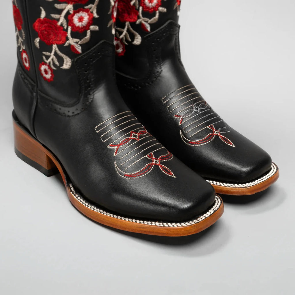 Joe Boots Women”s Red Embroidered Square Toe Cowboy Boots and Belt Combo - Black - OriginalWestern.com
