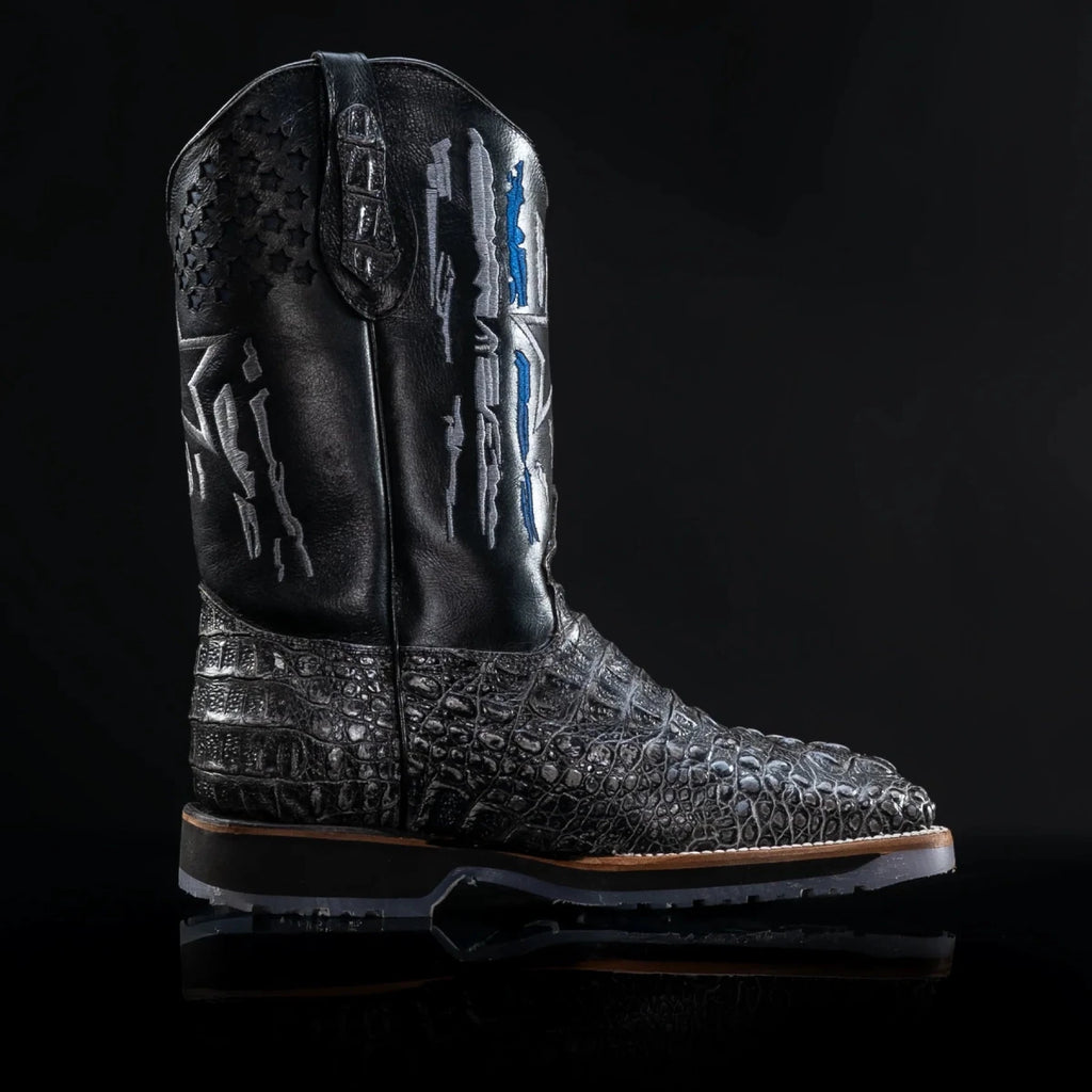 King Welt Men’s Thin Blue Line 11” Caiman Print Work Boots – Gray - OriginalWestern.com