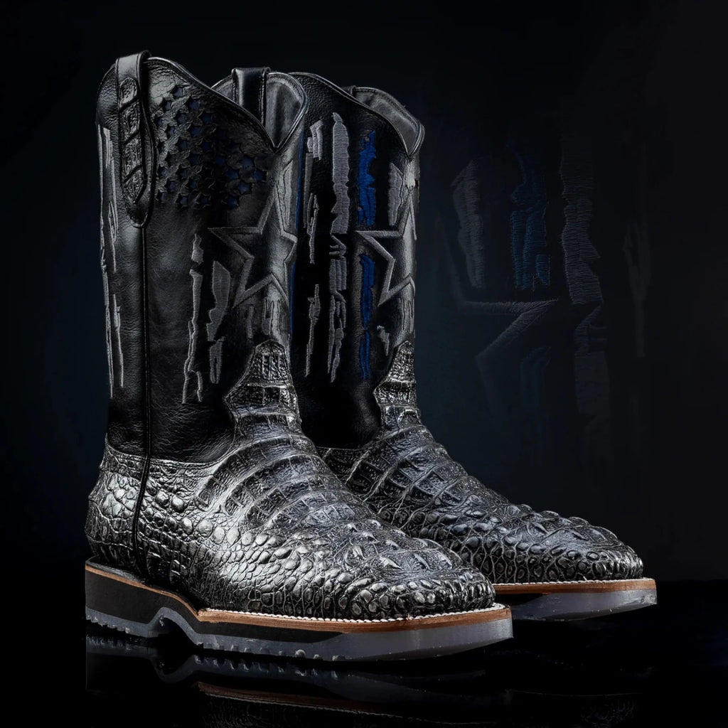King Welt Men’s Thin Blue Line 11” Caiman Print Work Boots – Gray - OriginalWestern.com