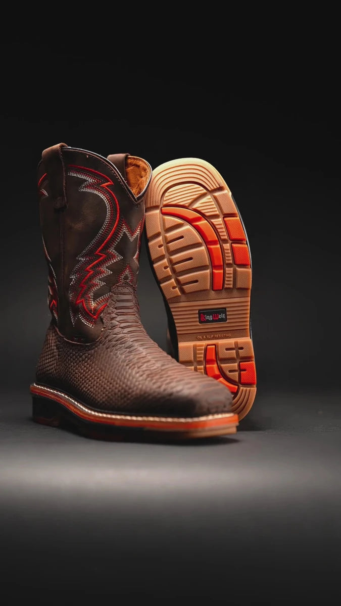 King Welt Venom 11” Python Tribute Square Toe Soft Toe Light Weight Work Boots – Brown - OriginalWestern.com