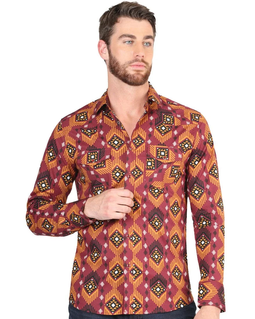El General - Men's Burgundy Western Shirt with Geometric Pattern 44426