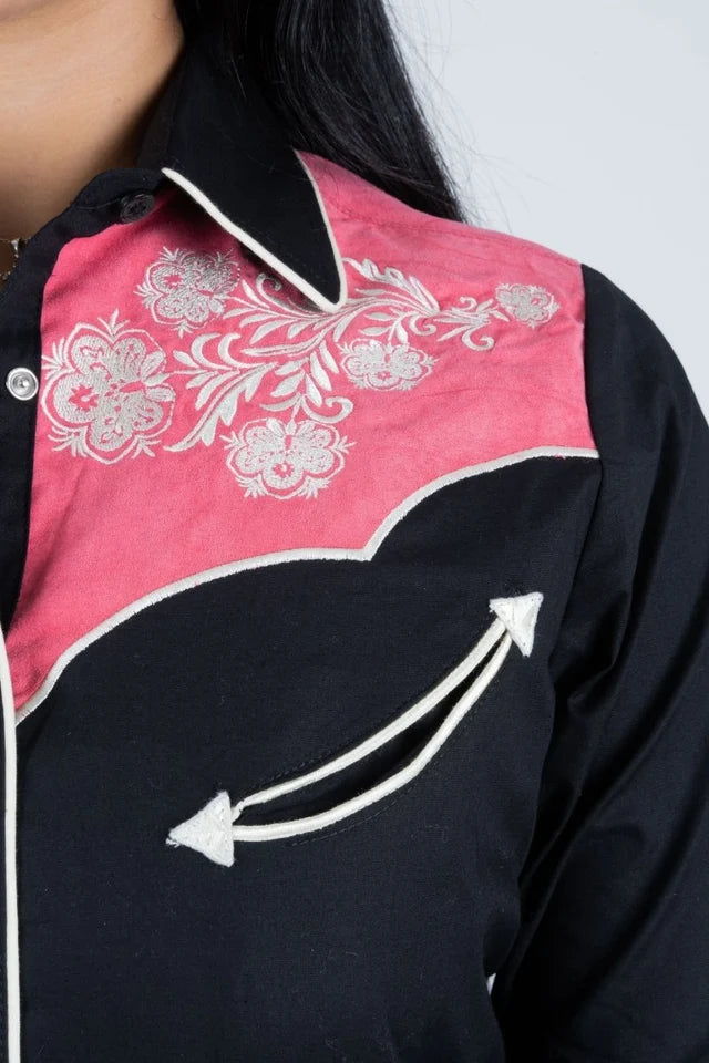 Ladies Cotton Black Embroidered Western Shirt With Suede