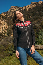 Ladies Cotton Black Embroidered Western Shirt With Suede