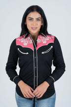 Ladies Cotton Black Embroidered Western Shirt With Suede