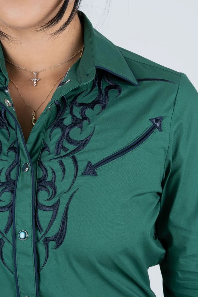 Ladies Cotton Green Embroidered Western Shirt