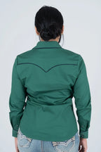 Ladies Cotton Green Embroidered Western Shirt