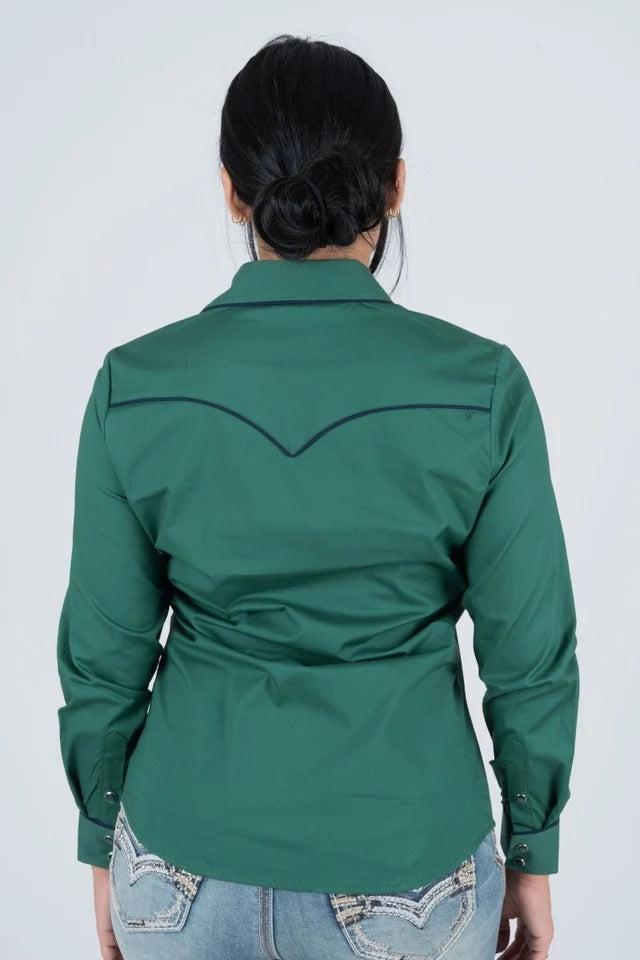 Ladies Cotton Green Embroidered Western Shirt