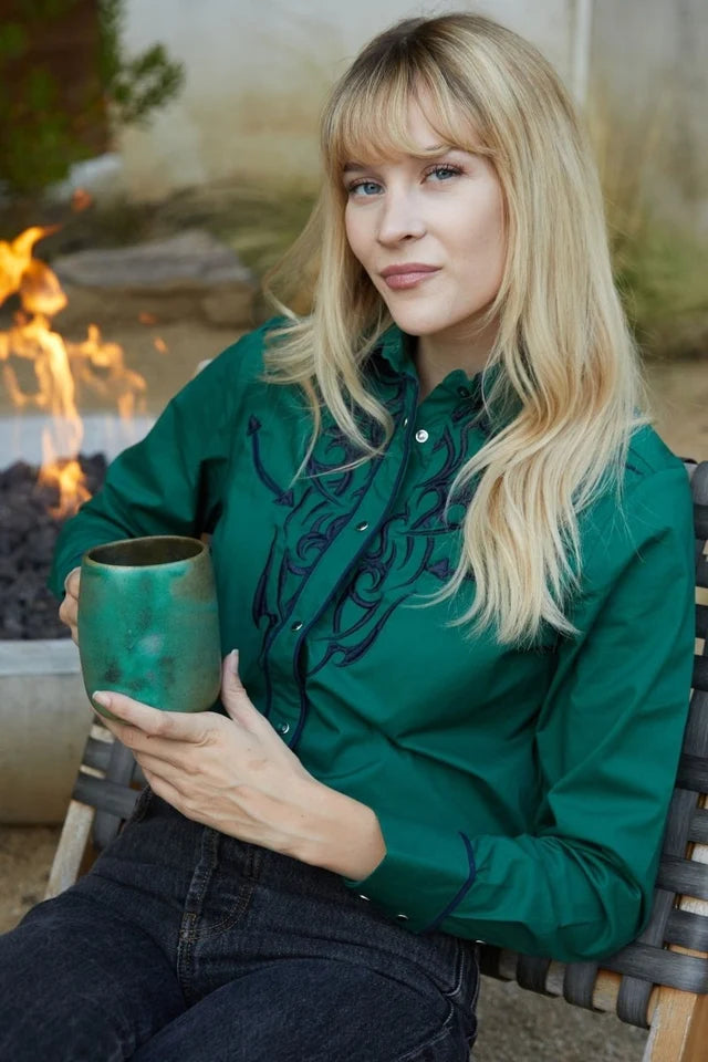 Ladies Cotton Green Embroidered Western Shirt