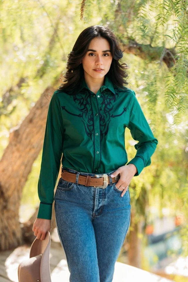 Ladies Cotton Green Embroidered Western Shirt