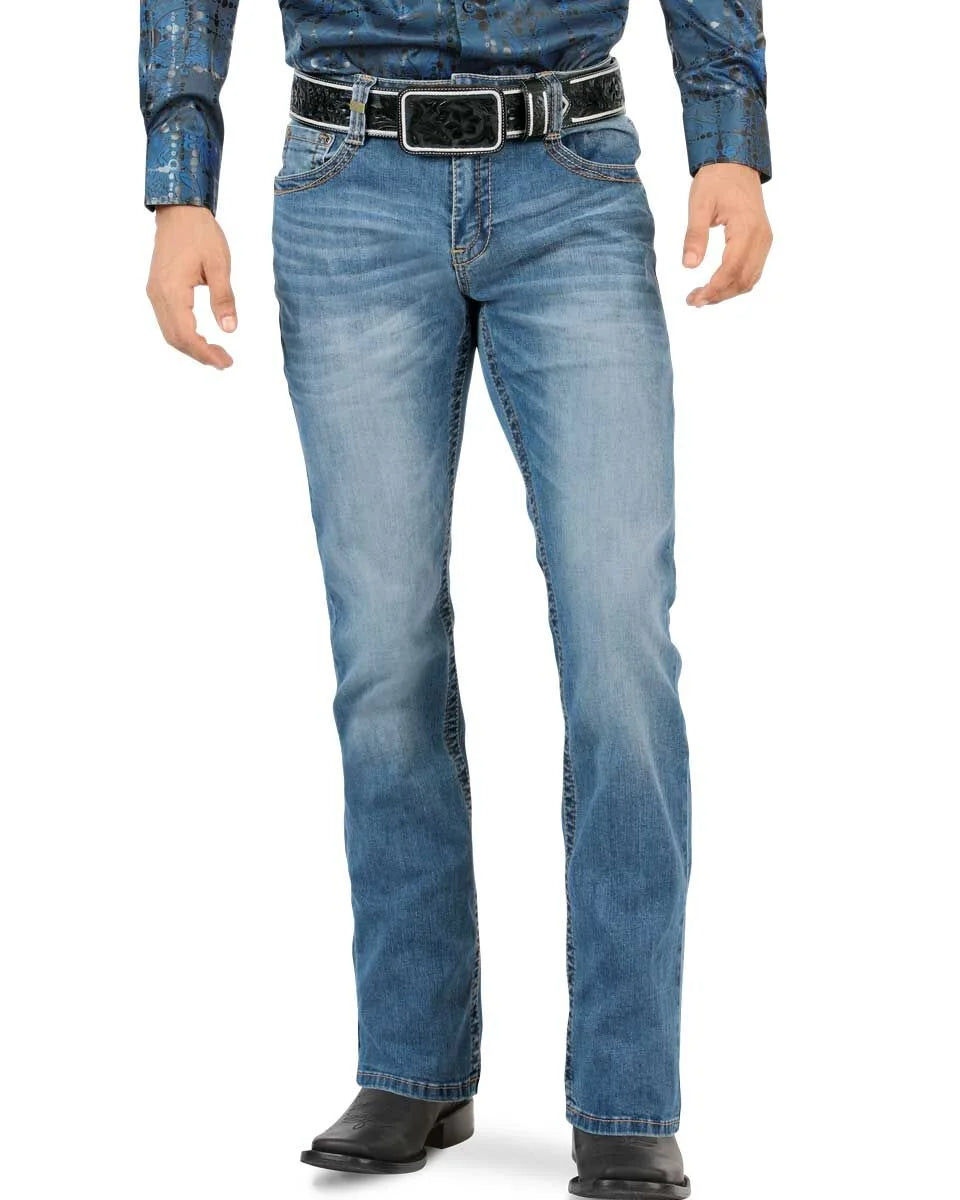 Men's Boot Cut Western Jeans – Stretch Denim Cowboy Pants - Med Blue 9046