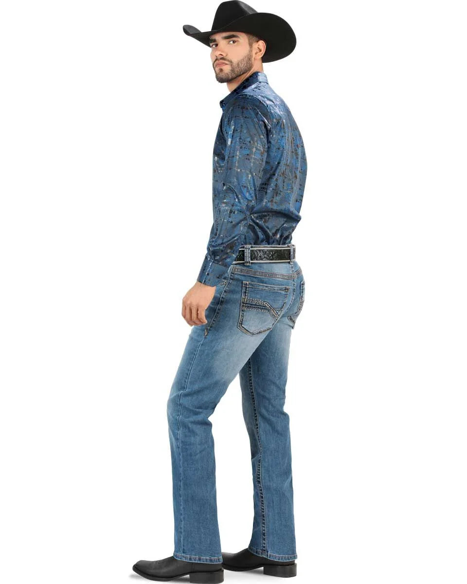 Men's Boot Cut Western Jeans – Stretch Denim Cowboy Pants - Med Blue 9046
