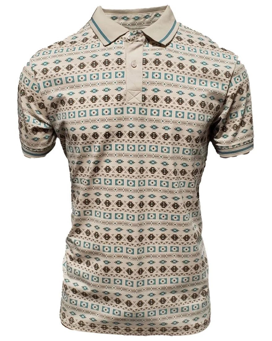 Lamasini - Men's Beige Polo Shirt with Arizona-Inspired Geometric Pattern 28212 - OriginalWestern.com