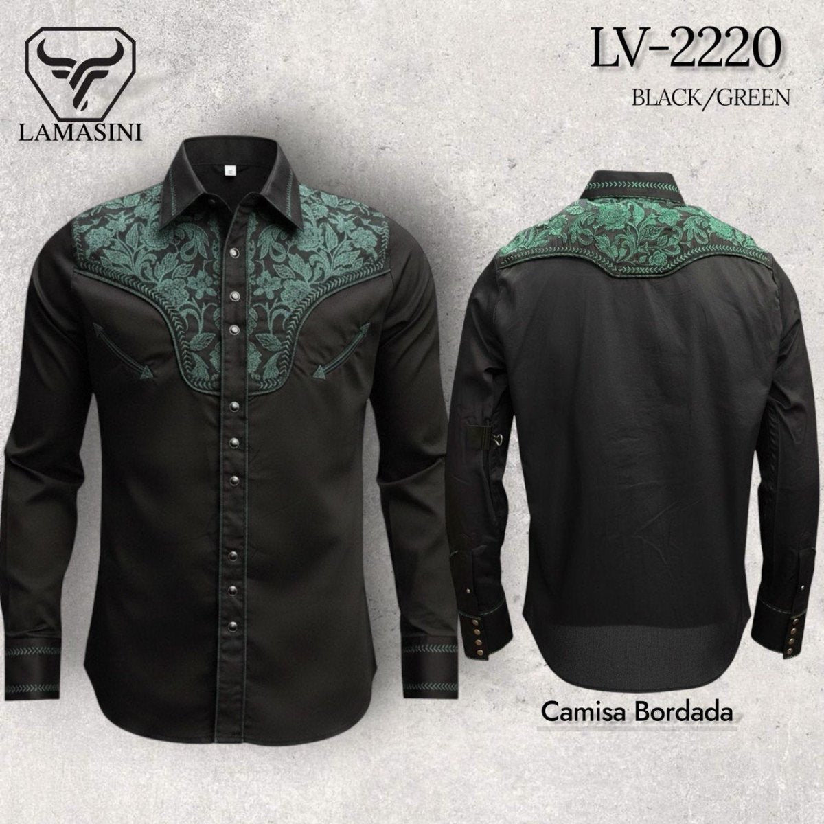 Lamasini Men's Traditional Embroidered Western Shirt - Black Green 2220 - OriginalWestern.com