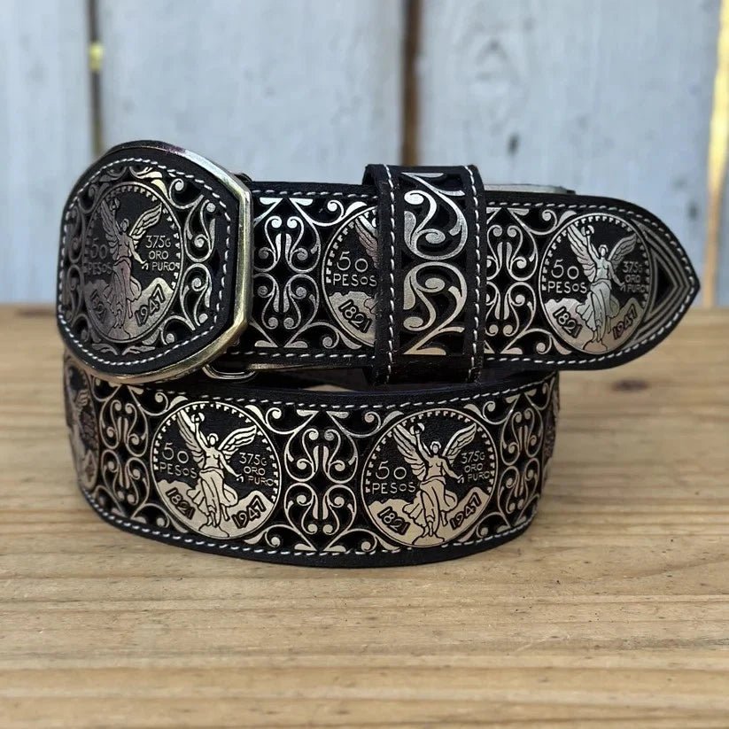 Laser Cut Leather Centenario Western Belt with Removable Buckle - Silver - OriginalWestern.com