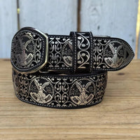 Laser Cut Leather Centenario Western Belt with Removable Buckle - Silver - OriginalWestern.com