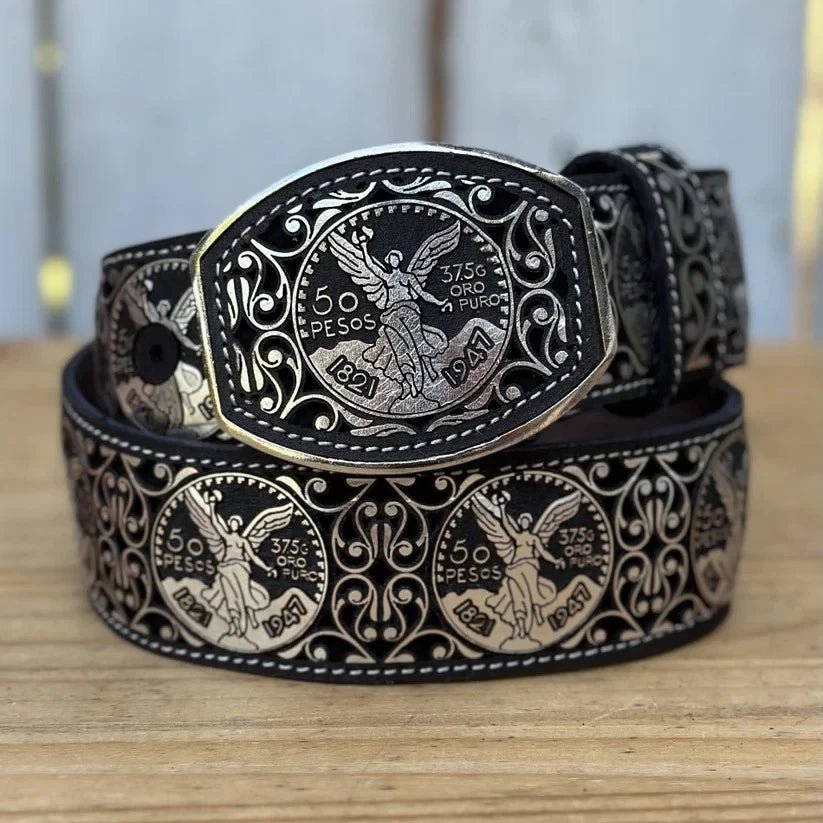 Laser Cut Leather Centenario Western Belt with Removable Buckle - Silver - OriginalWestern.com