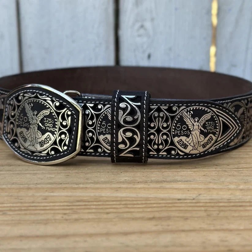 Laser Cut Leather Centenario Western Belt with Removable Buckle - Silver - OriginalWestern.com
