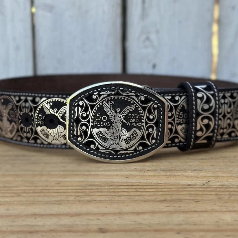 Laser Cut Leather Centenario Western Belt with Removable Buckle - Silver - OriginalWestern.com
