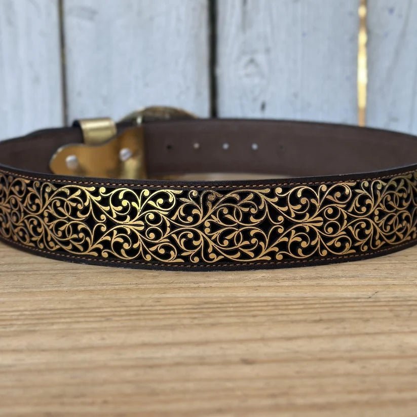 Laser Cut Leather Guias Rameado Western Belt with Removable Buckle - Gold - OriginalWestern.com
