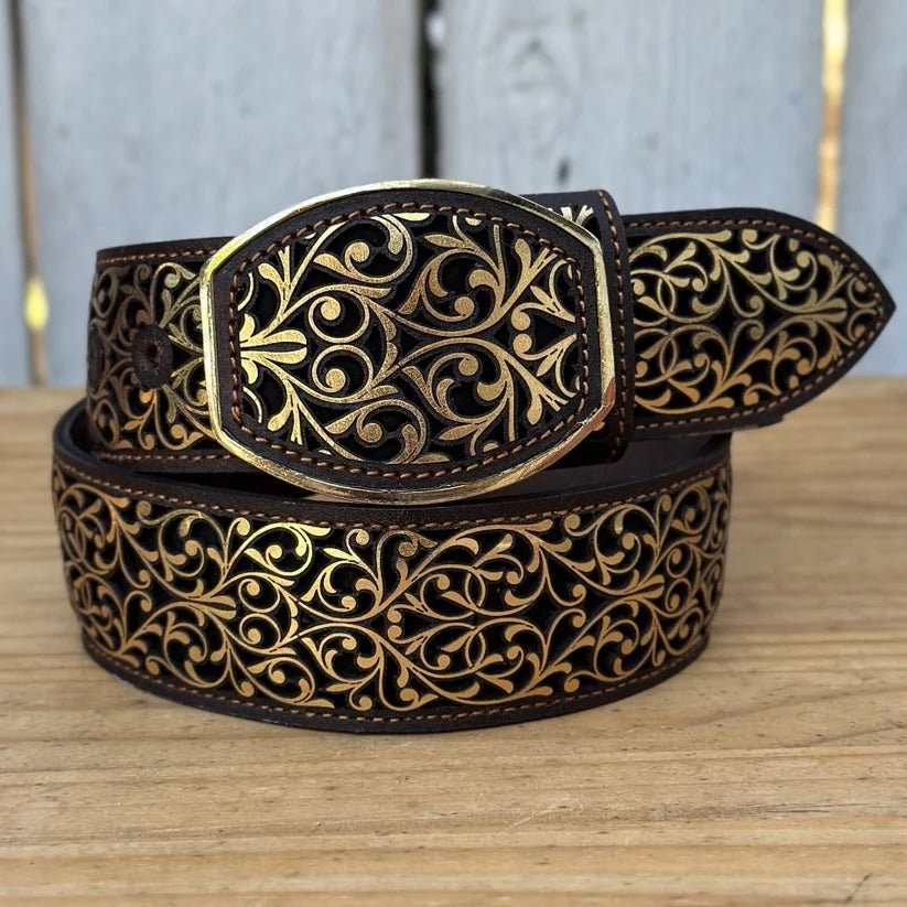 Laser Cut Leather Guias Rameado Western Belt with Removable Buckle - Gold - OriginalWestern.com