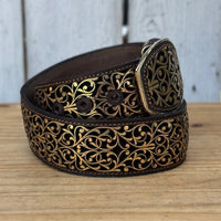 Laser Cut Leather Guias Rameado Western Belt with Removable Buckle - Gold - OriginalWestern.com