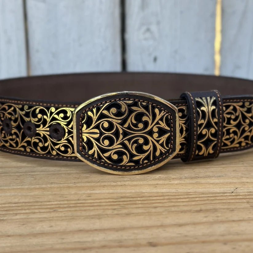 Laser Cut Leather Guias Rameado Western Belt with Removable Buckle - Gold - OriginalWestern.com