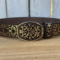 Laser Cut Leather Guias Rameado Western Belt with Removable Buckle - Gold - OriginalWestern.com