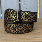 Laser Cut Leather Guias Rameado Western Belt with Removable Buckle - Gold - OriginalWestern.com