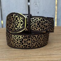 Laser Cut Leather Guias Rameado Western Belt with Removable Buckle - Gold - OriginalWestern.com