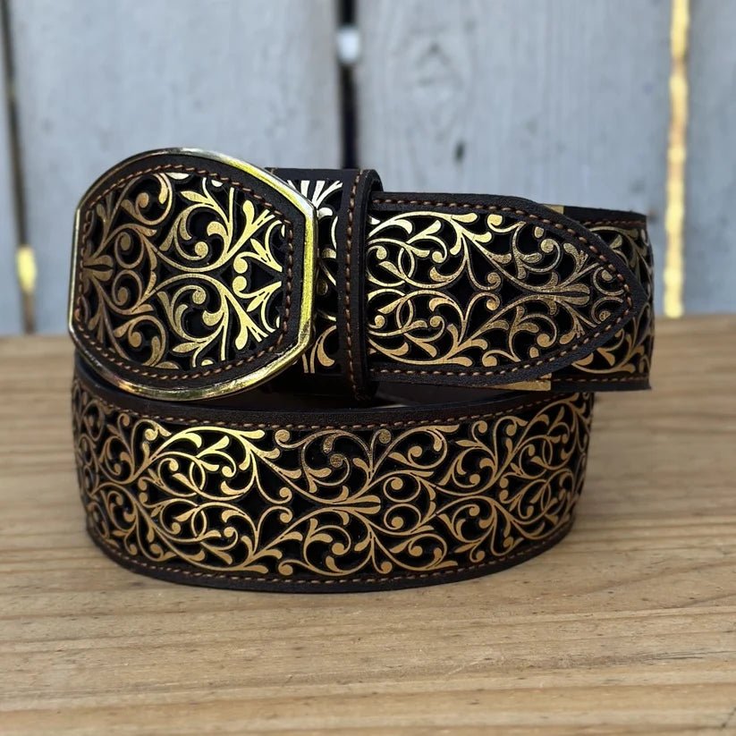 Laser Cut Leather Guias Rameado Western Belt with Removable Buckle - Gold - OriginalWestern.com