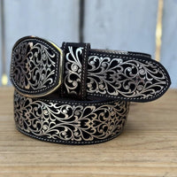 Laser Cut Leather Guias Rameado Western Belt with Removable Buckle - Silver - OriginalWestern.com