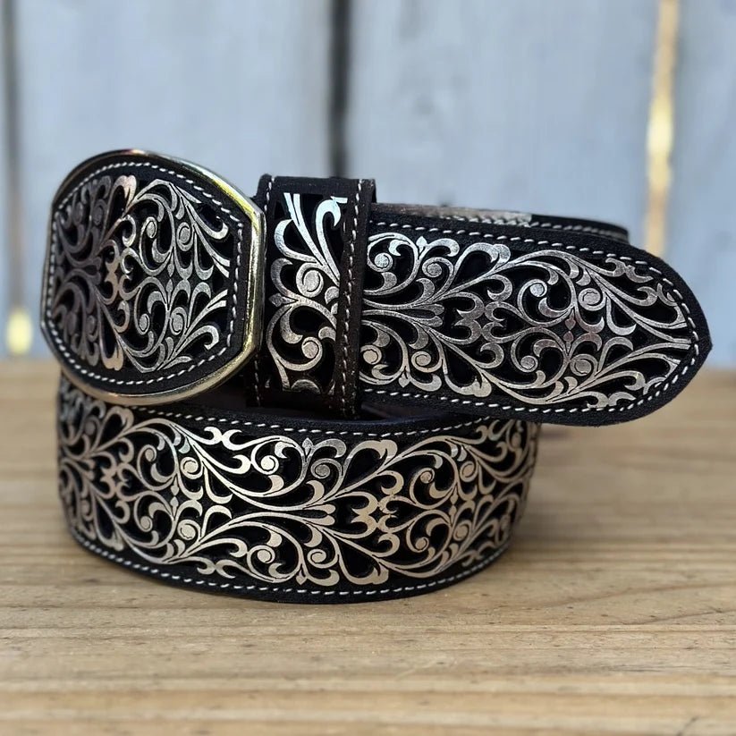 Laser Cut Leather Guias Rameado Western Belt with Removable Buckle - Silver - OriginalWestern.com