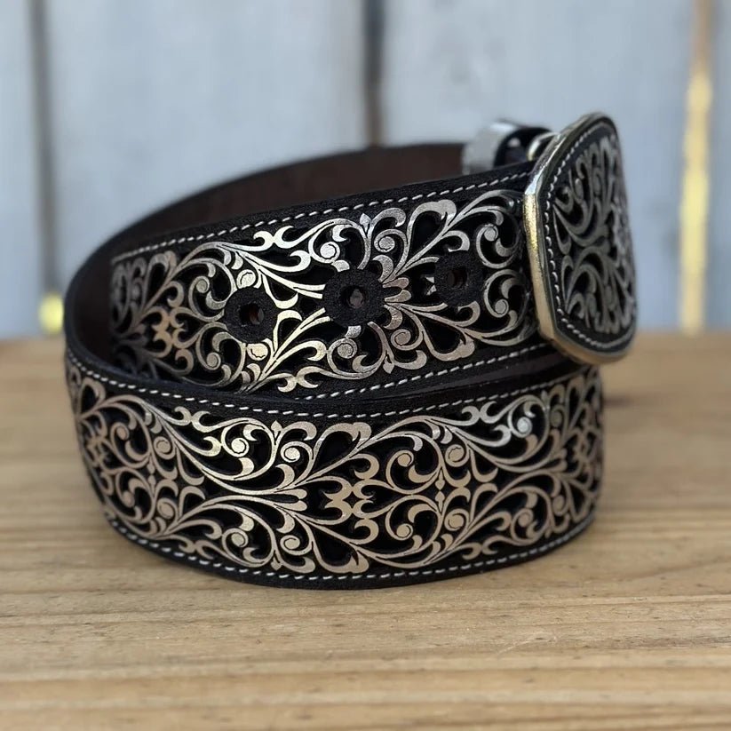 Laser Cut Leather Guias Rameado Western Belt with Removable Buckle - Silver - OriginalWestern.com