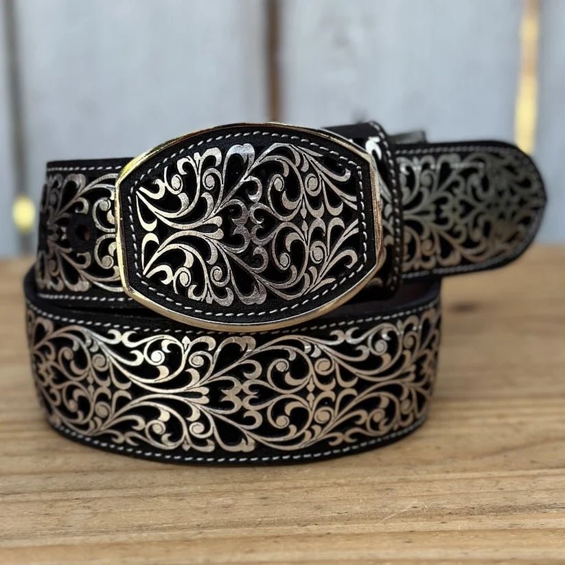 Laser Cut Leather Guias Rameado Western Belt with Removable Buckle - Silver - OriginalWestern.com