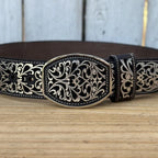 Laser Cut Leather Guias Rameado Western Belt with Removable Buckle - Silver - OriginalWestern.com