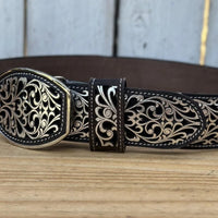 Laser Cut Leather Guias Rameado Western Belt with Removable Buckle - Silver - OriginalWestern.com