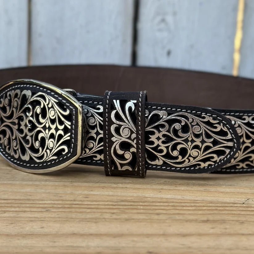 Laser Cut Leather Guias Rameado Western Belt with Removable Buckle - Silver - OriginalWestern.com