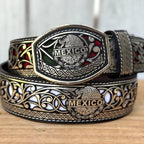 Laser Cut Leather Mexico Tricolor Western Belt with Removable Buckle - Silver - OriginalWestern.com