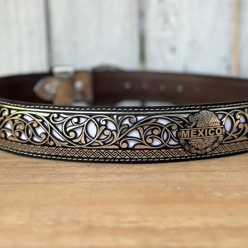 Laser Cut Leather Mexico Tricolor Western Belt with Removable Buckle - Silver - OriginalWestern.com