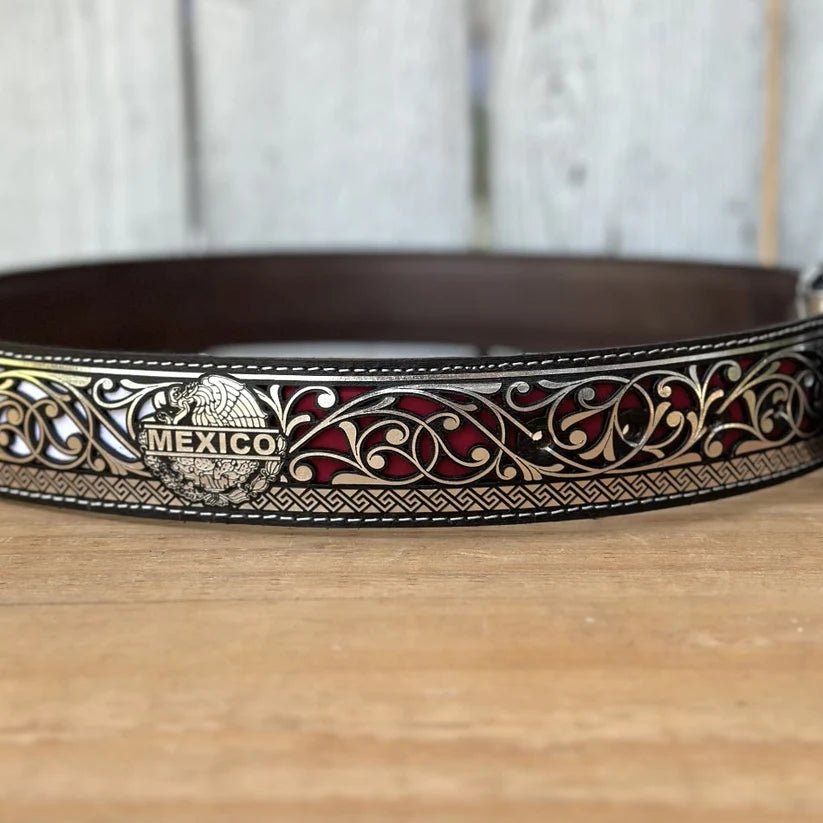 Laser Cut Leather Mexico Tricolor Western Belt with Removable Buckle - Silver - OriginalWestern.com