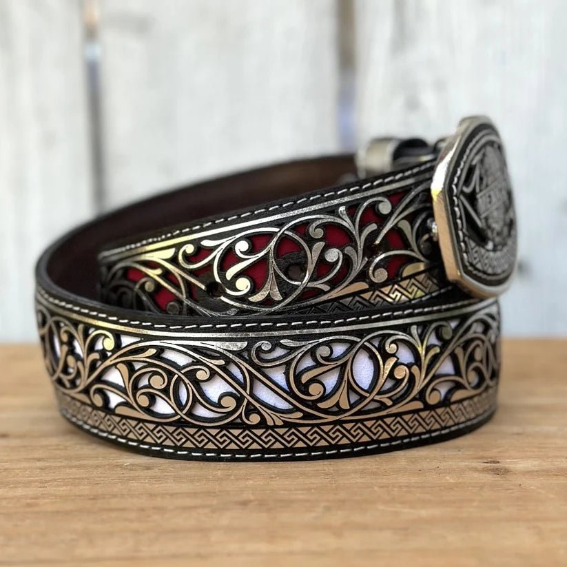 Laser Cut Leather Mexico Tricolor Western Belt with Removable Buckle - Silver - OriginalWestern.com