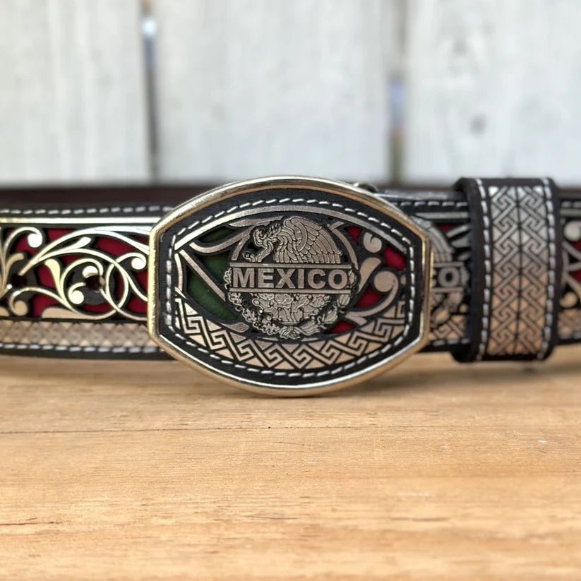 Laser Cut Leather Mexico Tricolor Western Belt with Removable Buckle - Silver - OriginalWestern.com
