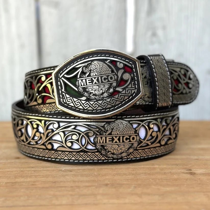 Laser Cut Leather Mexico Tricolor Western Belt with Removable Buckle - Silver - OriginalWestern.com