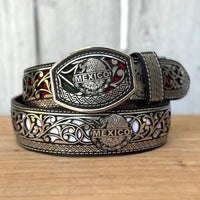 Laser Cut Leather Mexico Tricolor Western Belt with Removable Buckle - Silver - OriginalWestern.com