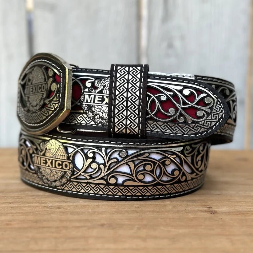 Laser Cut Leather Mexico Tricolor Western Belt with Removable Buckle - Silver - OriginalWestern.com