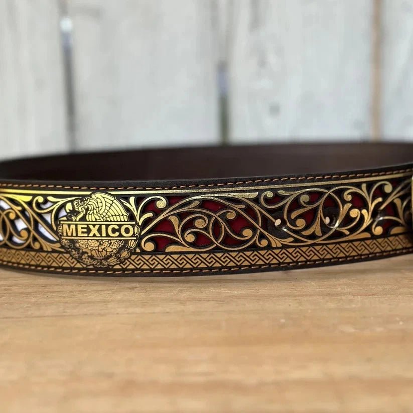Laser Cut Leather Mexico Western Belt with Removable Buckle - Gold - OriginalWestern.com