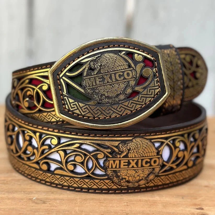 Laser Cut Leather Mexico Western Belt with Removable Buckle - Gold - OriginalWestern.com